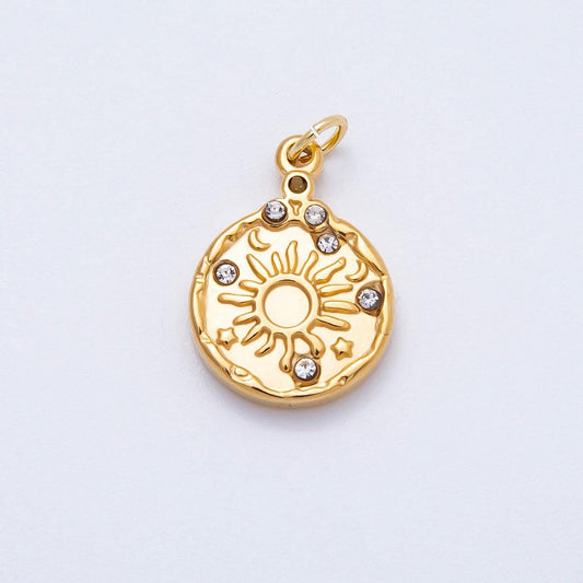 PVD Stainless Steel 19mm Clear CZ Celestial Sun Medallion Charm Sunburst Coin Pendant DIY Supply Jewelry Necklace Bracelet | Charms-00711