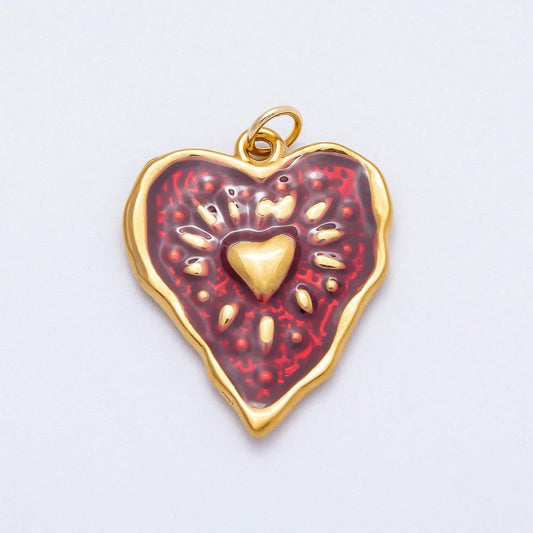 18k PVD Stainless Steel 26mm Red Enamel Heart Charm Sacred Heart Textured Organic Love Pendant DIY Jewelry Making Supply | CHARMS-00705