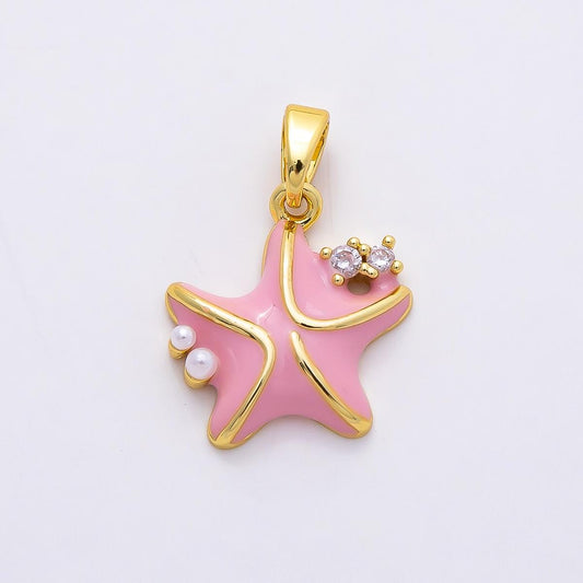 16k Gold Filled 16mm Pink Enamel Starfish Pendant Pearl and Crystal Sea Star Charm for Beach Themed Necklace Bracelet Jewelry | CHARMS-00846