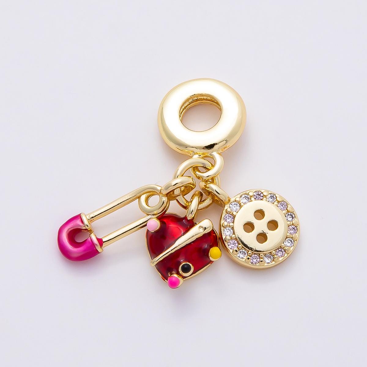 16k Gold Filled 29mm Sewing Themed Charm for Bracelet Safety Pin Heart and Button Bead Crafting Hobby Jewelry Making Supply | CHARMS-00853