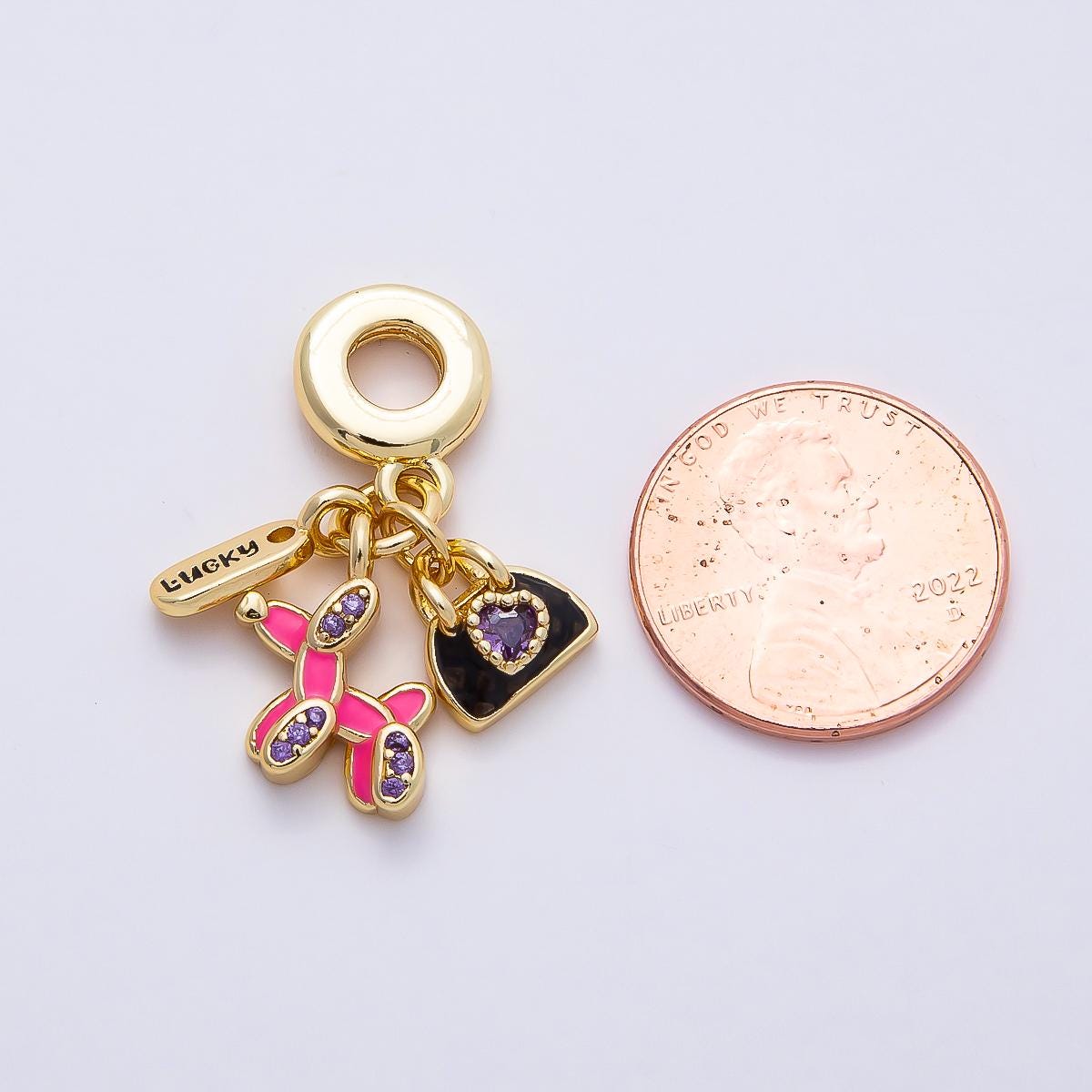 16k Gold Filled 29mm Balloon Dog Charm for Bracelet Lucky Word Tag with Pink Enamel Purse Bead Crystal Fashion Jewelry Supply | CHARMS-00854