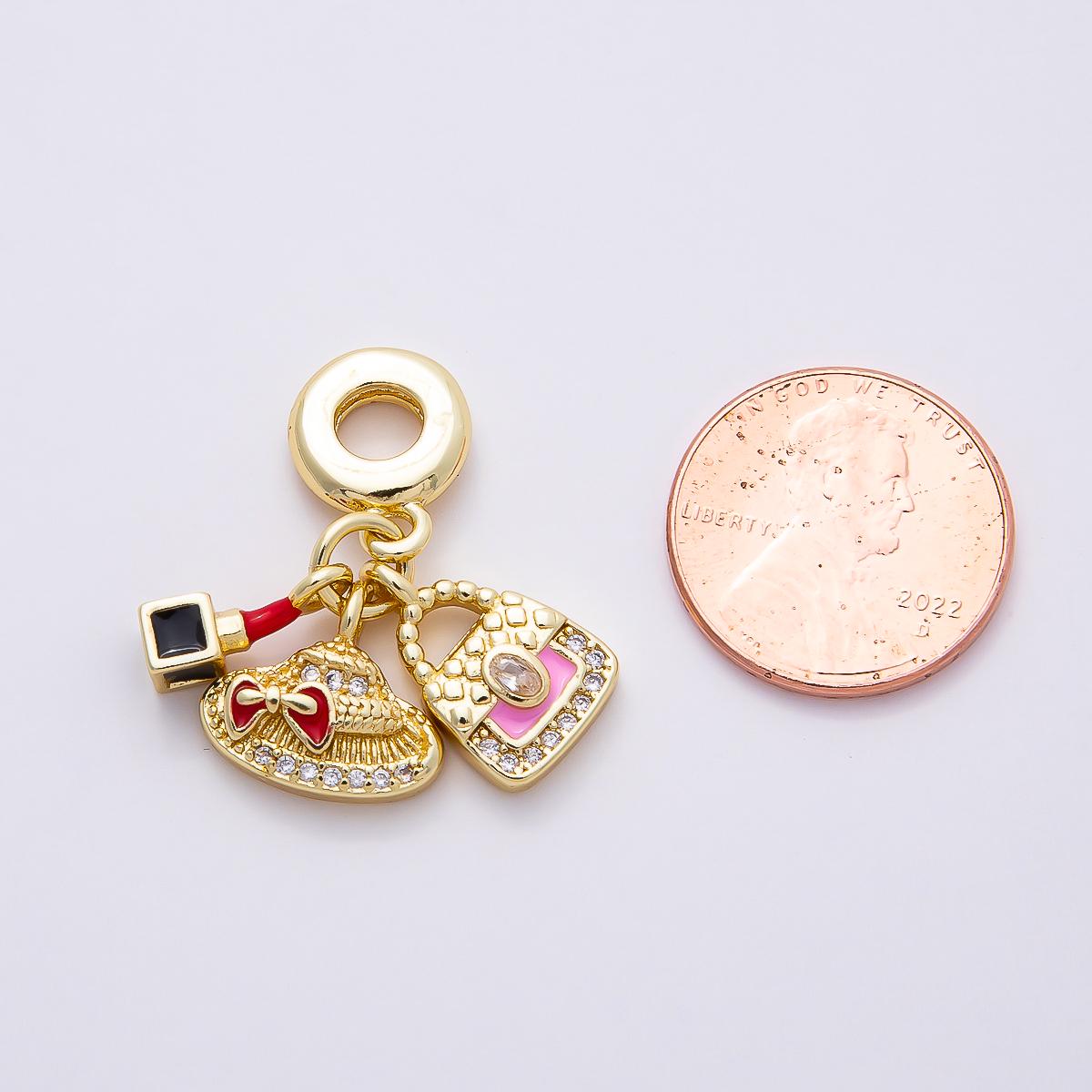 16k Gold Filled 29mm Lipstick Charm for Bracelet Sun Hat Dangle with Pink Purse Bead Fashion Makeup Jewelry Making Supply | CHARMS-00855