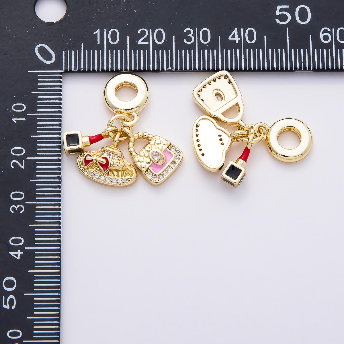 16k Gold Filled 29mm Lipstick Charm for Bracelet Sun Hat Dangle with Pink Purse Bead Fashion Makeup Jewelry Making Supply | CHARMS-00855
