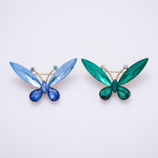 Crystal Rhinestone Brooch 56mm Glass Wing Lapel Pin Blue and Green Mariposa Fashion Accessory for Coats Bags and Scarves | BH-131