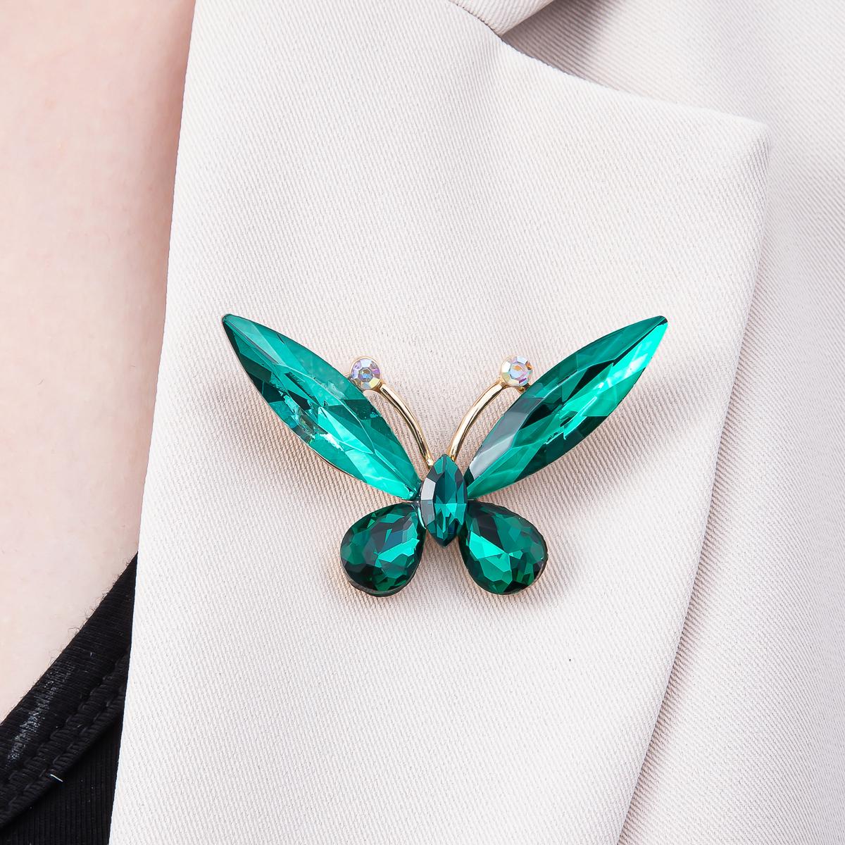 Crystal Rhinestone Brooch 56mm Glass Wing Lapel Pin Blue and Green Mariposa Fashion Accessory for Coats Bags and Scarves | BH-131