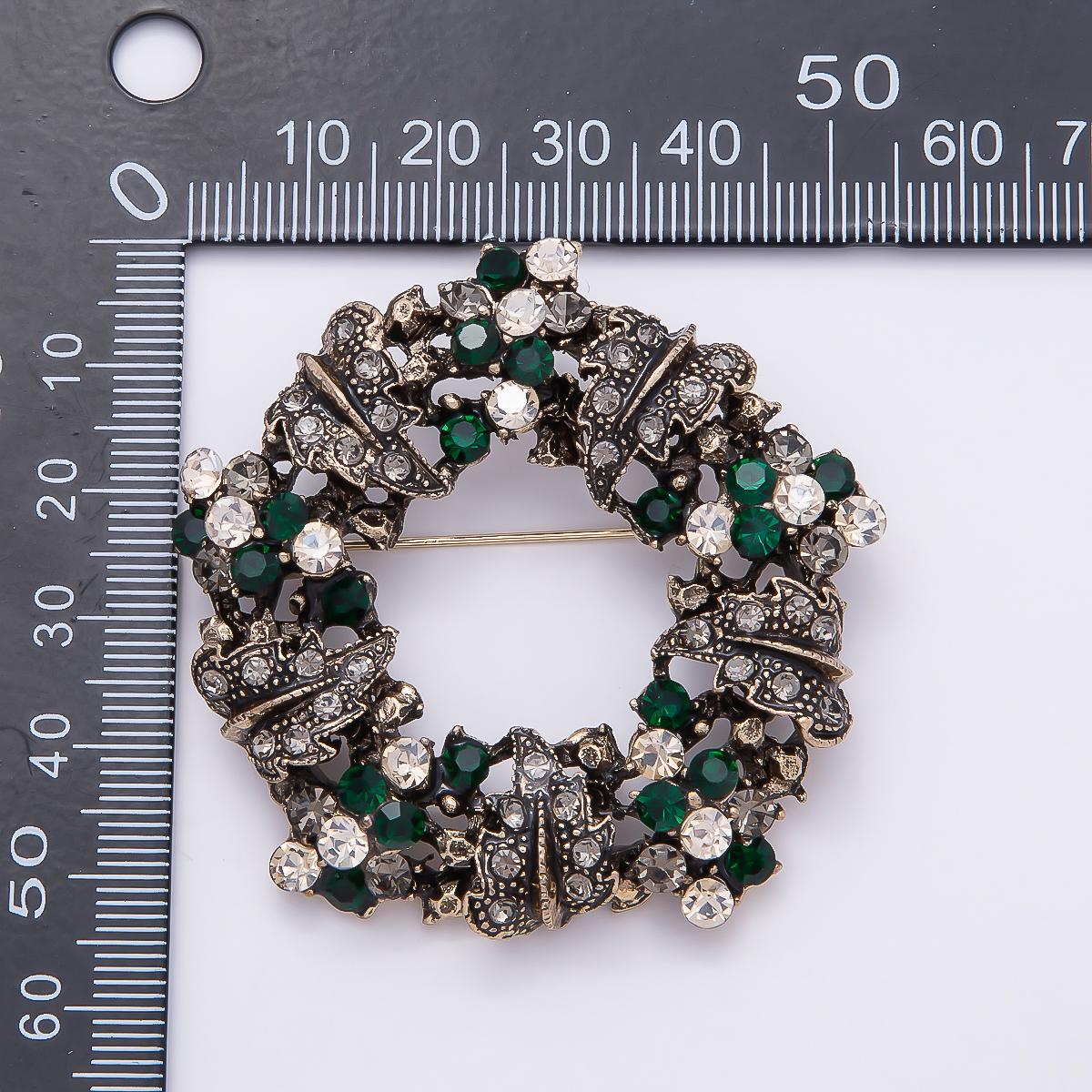 Vintage Wreath Brooch 55mm Emerald Green Rhinestone Lapel Pin in Antique Gold Fashion Accessory for Coats Bags and Scarves | BH-142