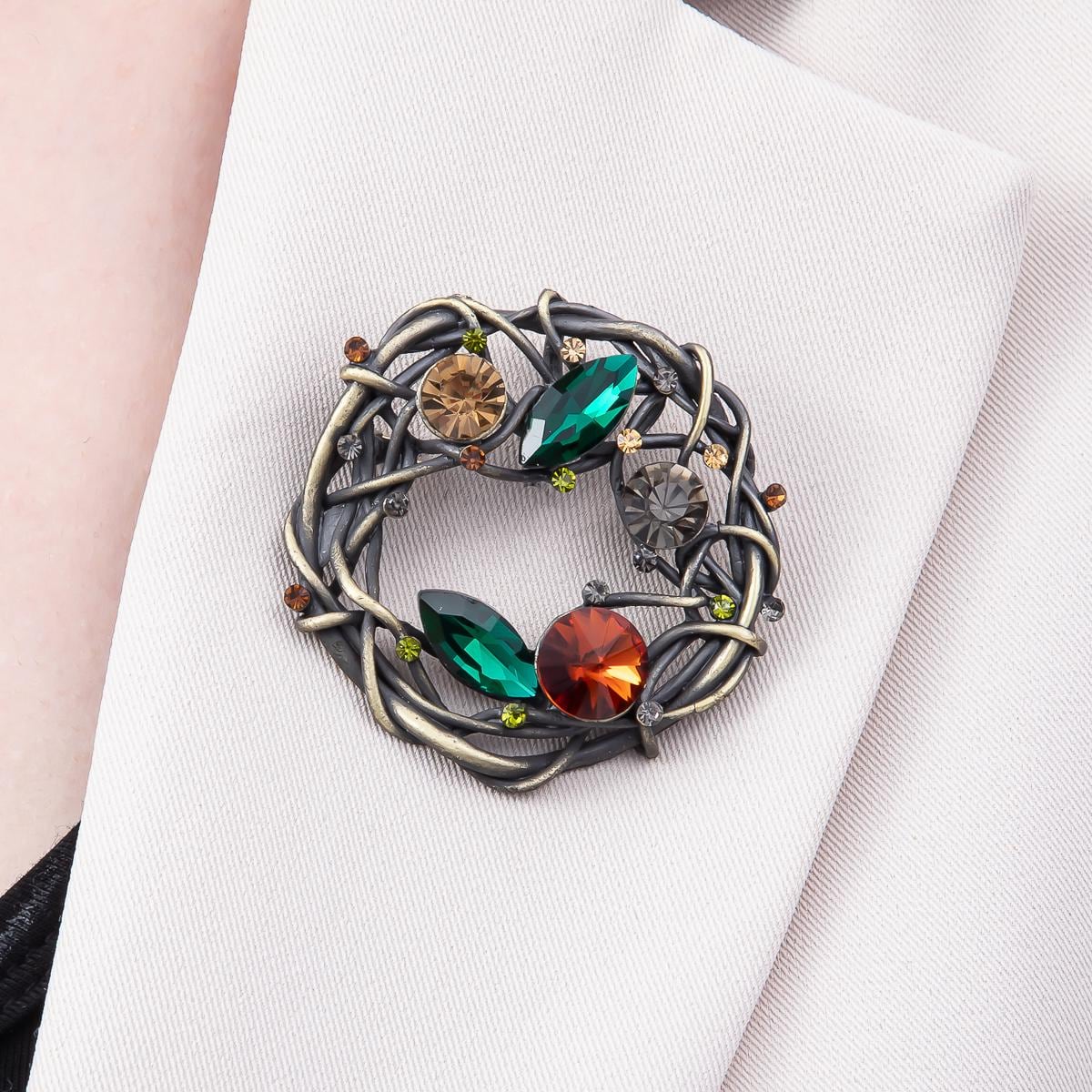 Vintage Crystal Nest Wreath Brooch Blue and Autumn Lapel Pin Fashion Accessory for Coats Bags and Scarves | BH-140