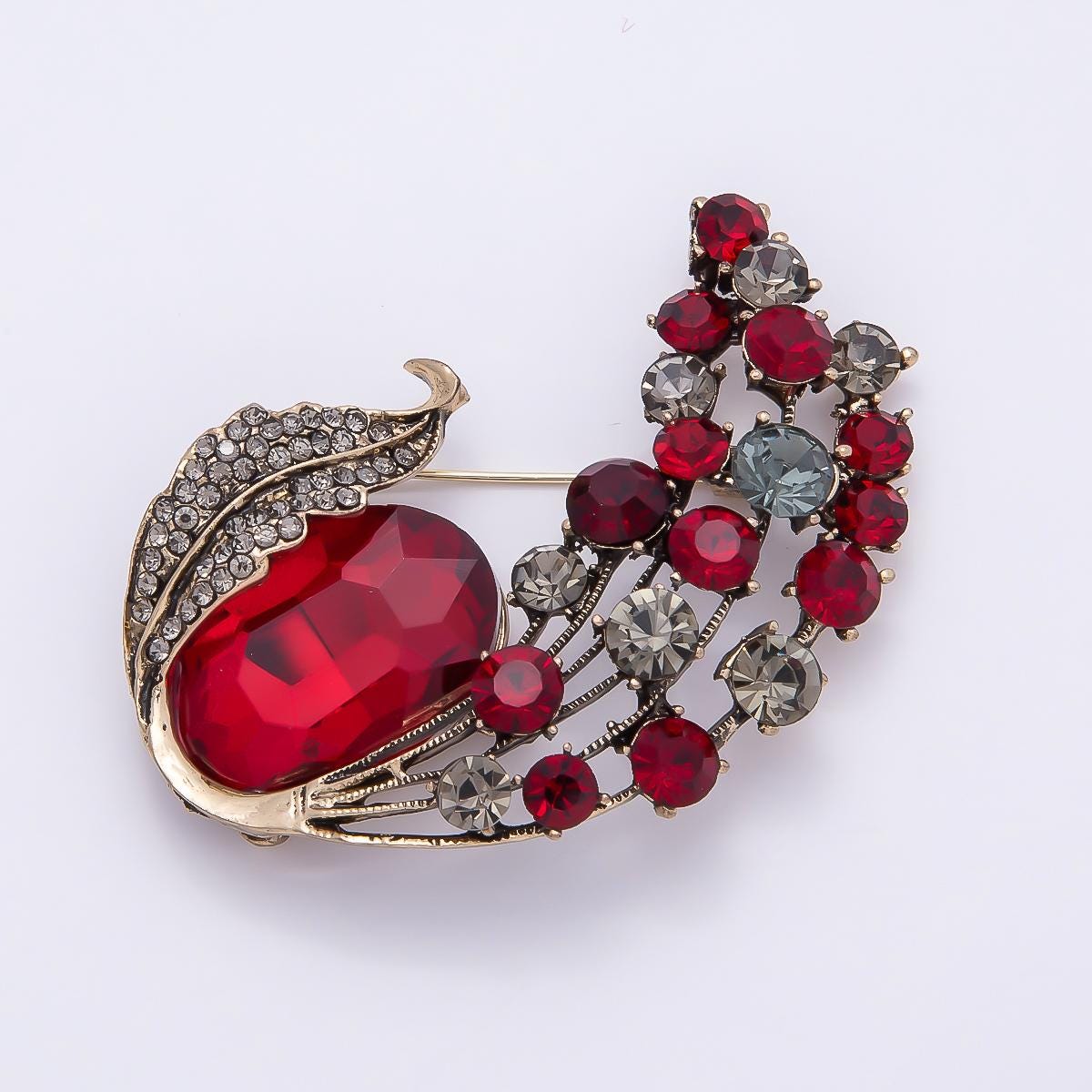 60mm Crystal Feather Peacock Brooch Red and Green Rhinestone Bird Wing Lapel Pin Fashion Accessory for Coats Bags and Scarves | BH-144