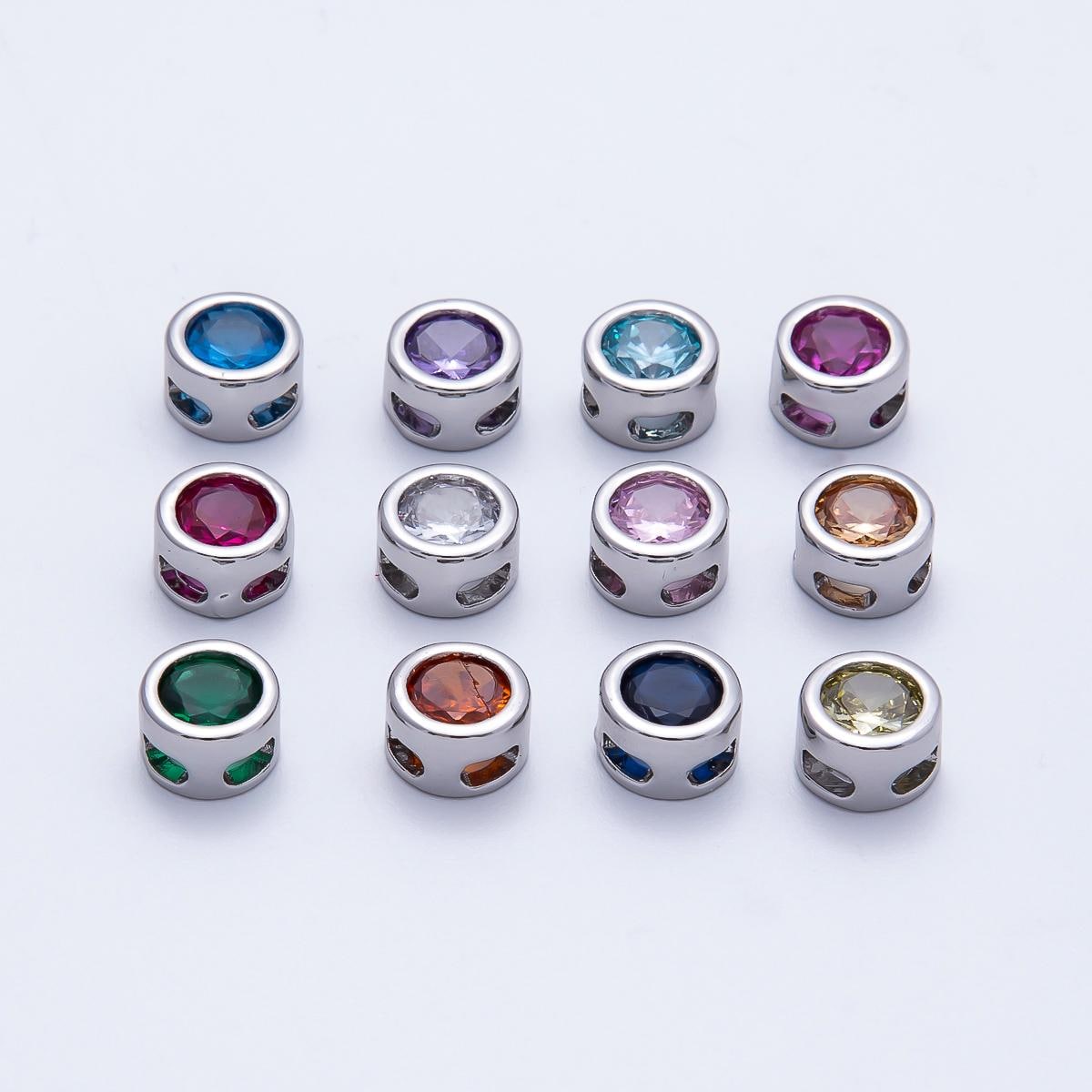 Rhodium Plated 8mm Bezel-Set Birthstone Rondelle Spacer Beads Crystal Rondelle Slider Charms Gemstone Custom Jewelry Making | Beads-00290
