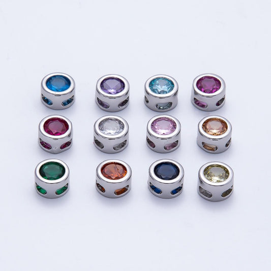 Rhodium Plated 8mm Bezel-Set Birthstone Rondelle Spacer Beads Crystal Rondelle Slider Charms Gemstone Custom Jewelry Making | Beads-00290