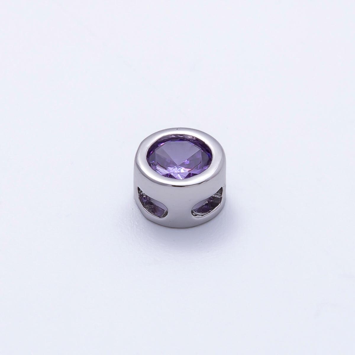 Rhodium Plated 8mm Bezel-Set Birthstone Rondelle Spacer Beads Crystal Rondelle Slider Charms Gemstone Custom Jewelry Making | Beads-00290