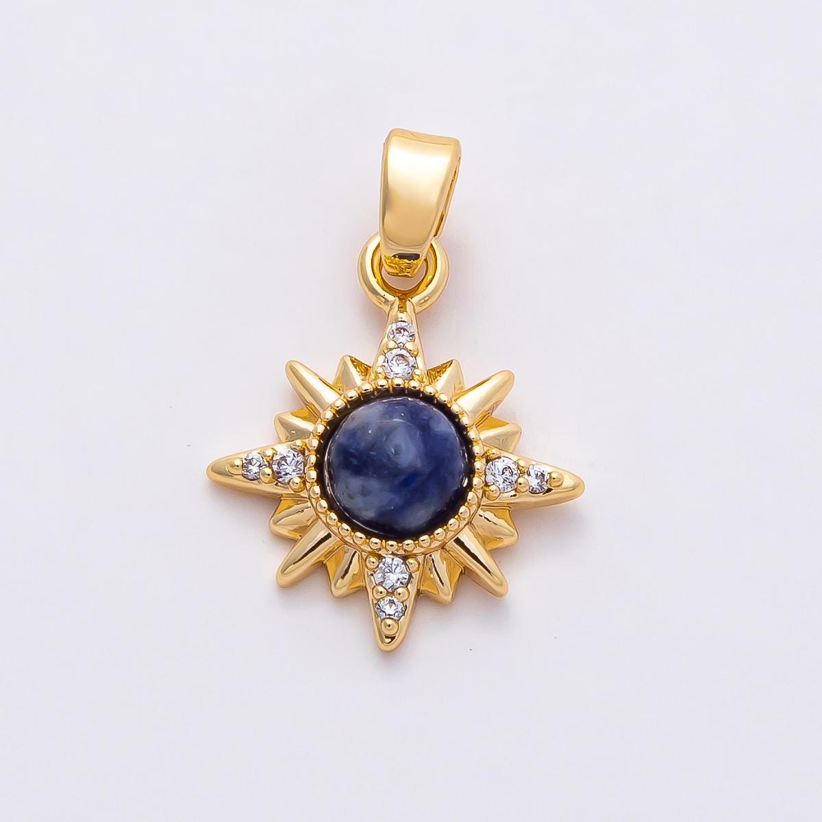 18K Gold Filled 16mm Blue Lapiz Lazuli Natural Gemstone Celestial Starlight Pendant North Star Space Jewelry DIY Necklace | Charms-00756