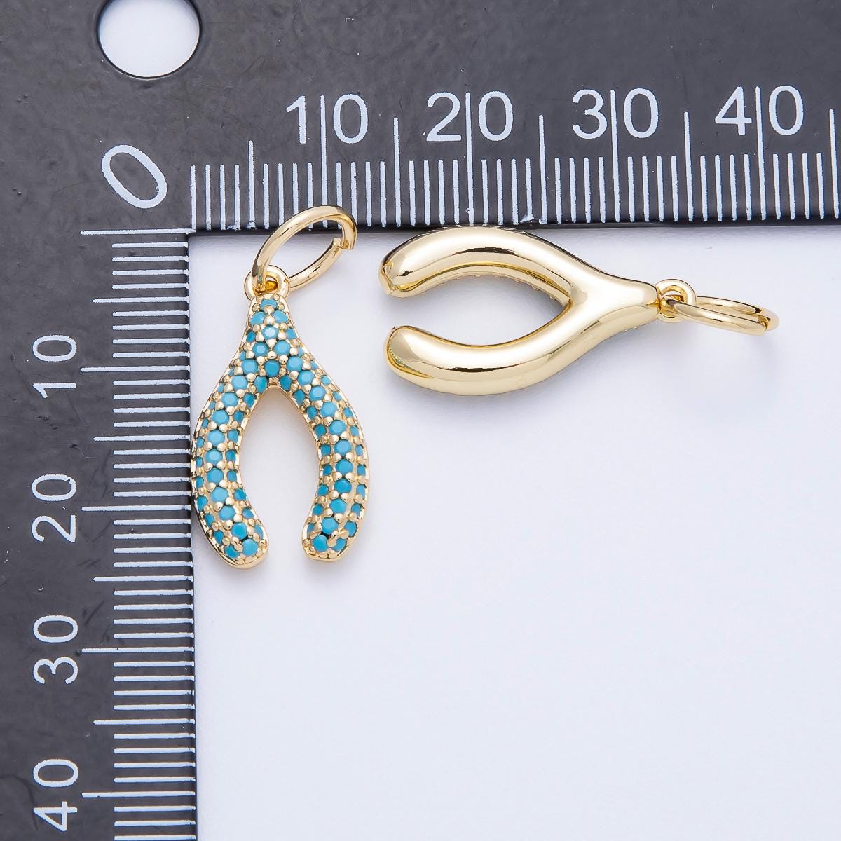 16k Gold Filled 22mm Micro Paved CZ Clear and Turquoise Wishbone Pendant Lucky Pendant DIY Jewelry Making Supply for Necklace | CHARMS-00659