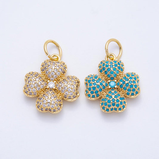 16k Gold Filled 22mm Micro Paved CZ Clear and Turquoise Clover Charm Lucky Flower Pendant DIY Jewelry Making Supply Necklace | CHARMS-00661