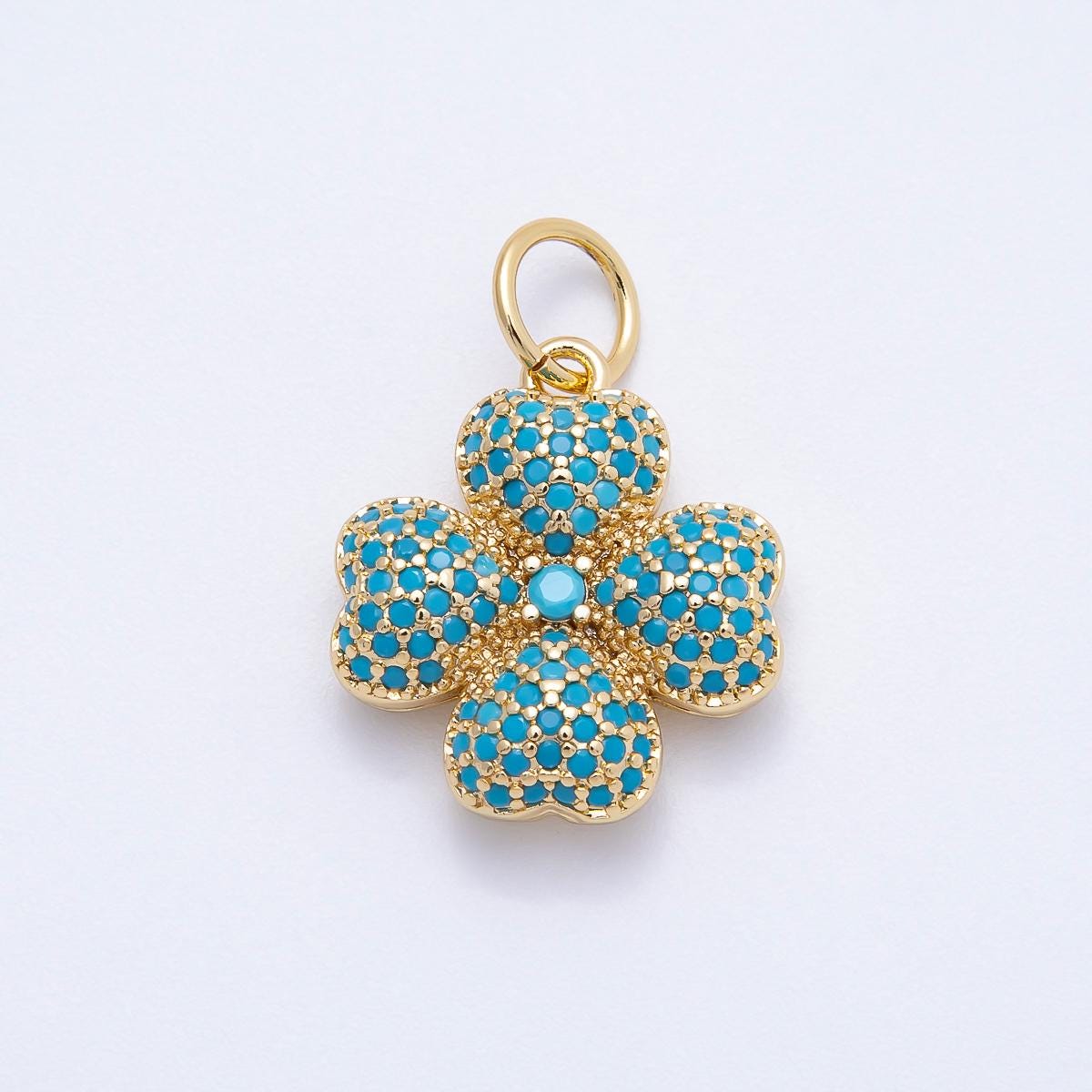 16k Gold Filled 22mm Micro Paved CZ Clear and Turquoise Clover Charm Lucky Flower Pendant DIY Jewelry Making Supply Necklace | CHARMS-00661