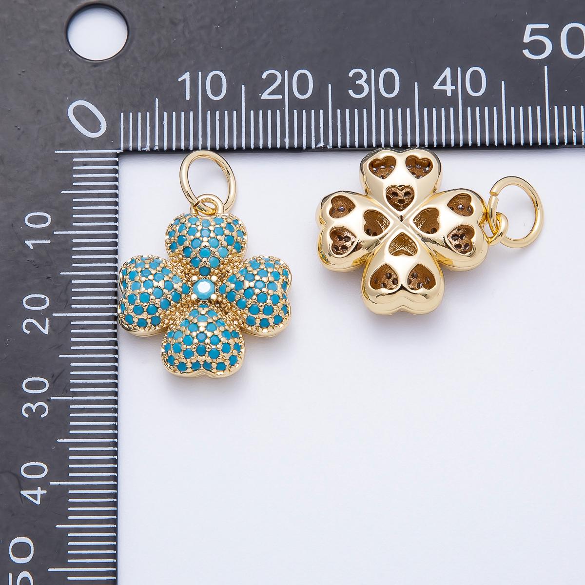 16k Gold Filled 22mm Micro Paved CZ Clear and Turquoise Clover Charm Lucky Flower Pendant DIY Jewelry Making Supply Necklace | CHARMS-00661