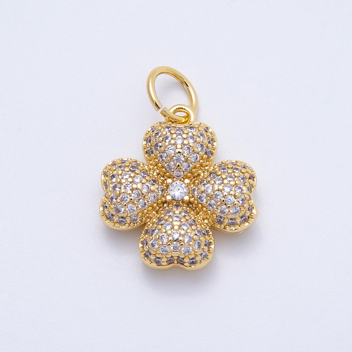 16k Gold Filled 22mm Micro Paved CZ Clear and Turquoise Clover Charm Lucky Flower Pendant DIY Jewelry Making Supply Necklace | CHARMS-00661