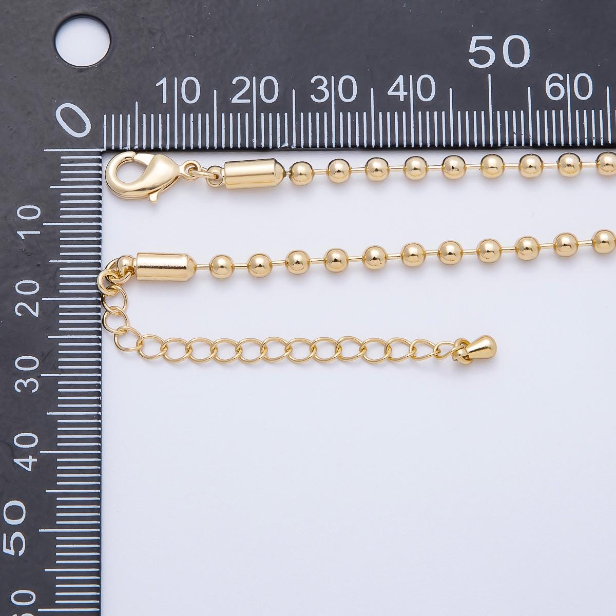 24K Gold Filled 3mm Dainty Minimalist Ball Chain 17.7, 19.88 Inch Necklace w/ Extender | WA-4470