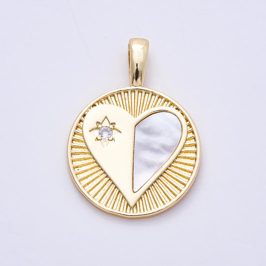 16k Gold Filled 35mm Heart Medallion Mother of Pearl Charm Celestial Star Pendant DIY Jewelry Supply for custom Necklace | CHARMS-00757