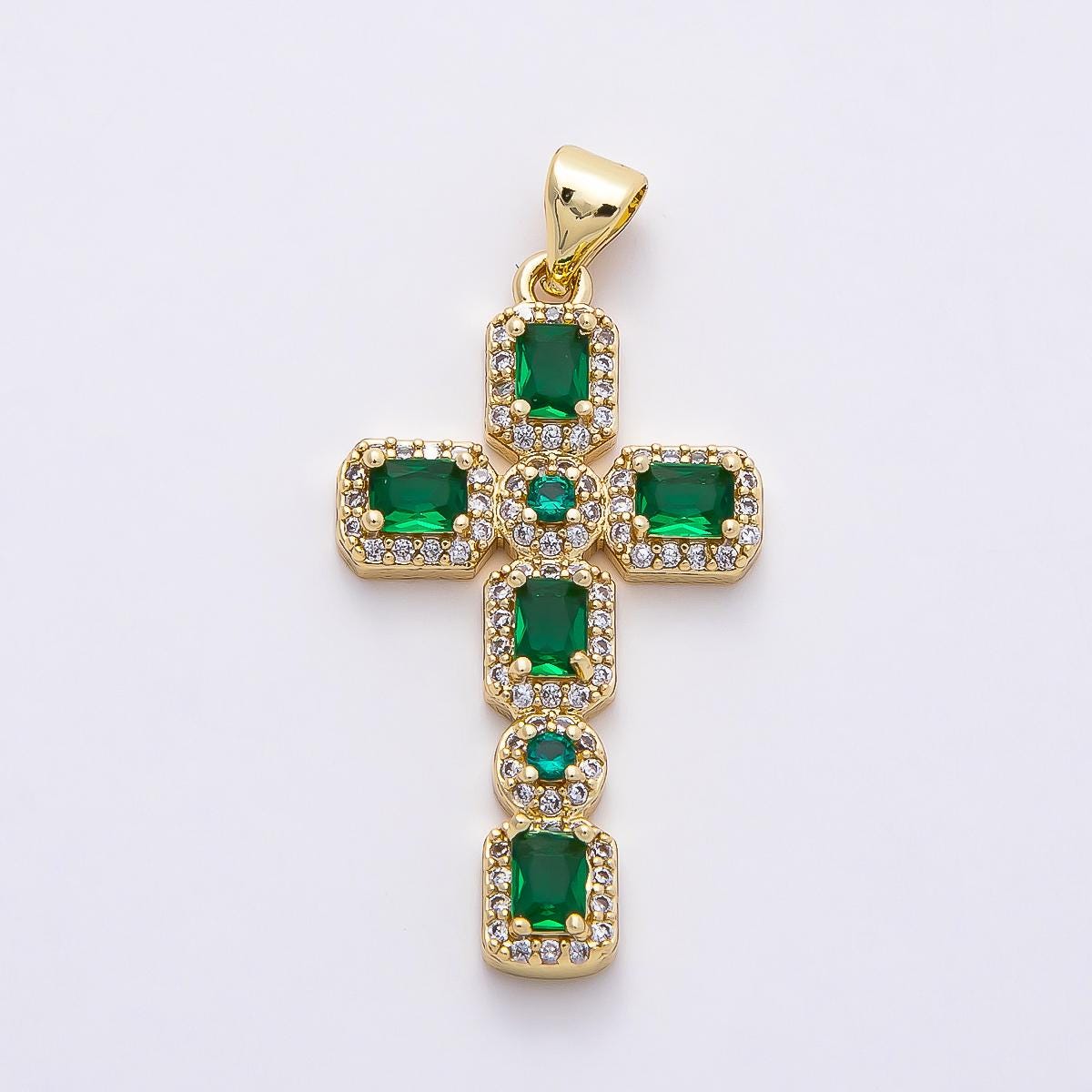 16k Gold Filled 31mm CZ Gemstone Cross Pendant Crystal Religious Jewelry Statement Piece DIY Supply for custom Necklace | CHARMS-00760