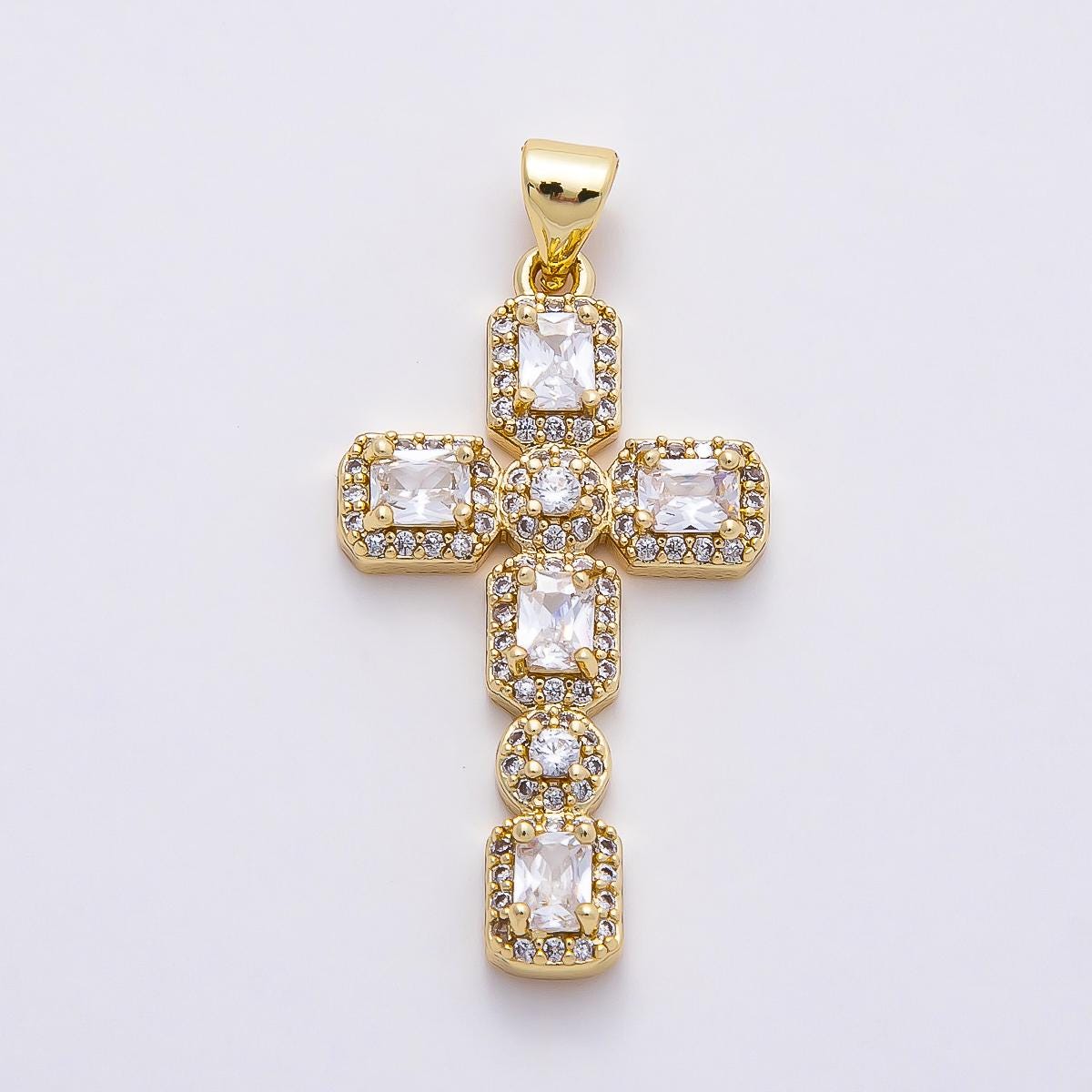 16k Gold Filled 31mm CZ Gemstone Cross Pendant Crystal Religious Jewelry Statement Piece DIY Supply for custom Necklace | CHARMS-00760