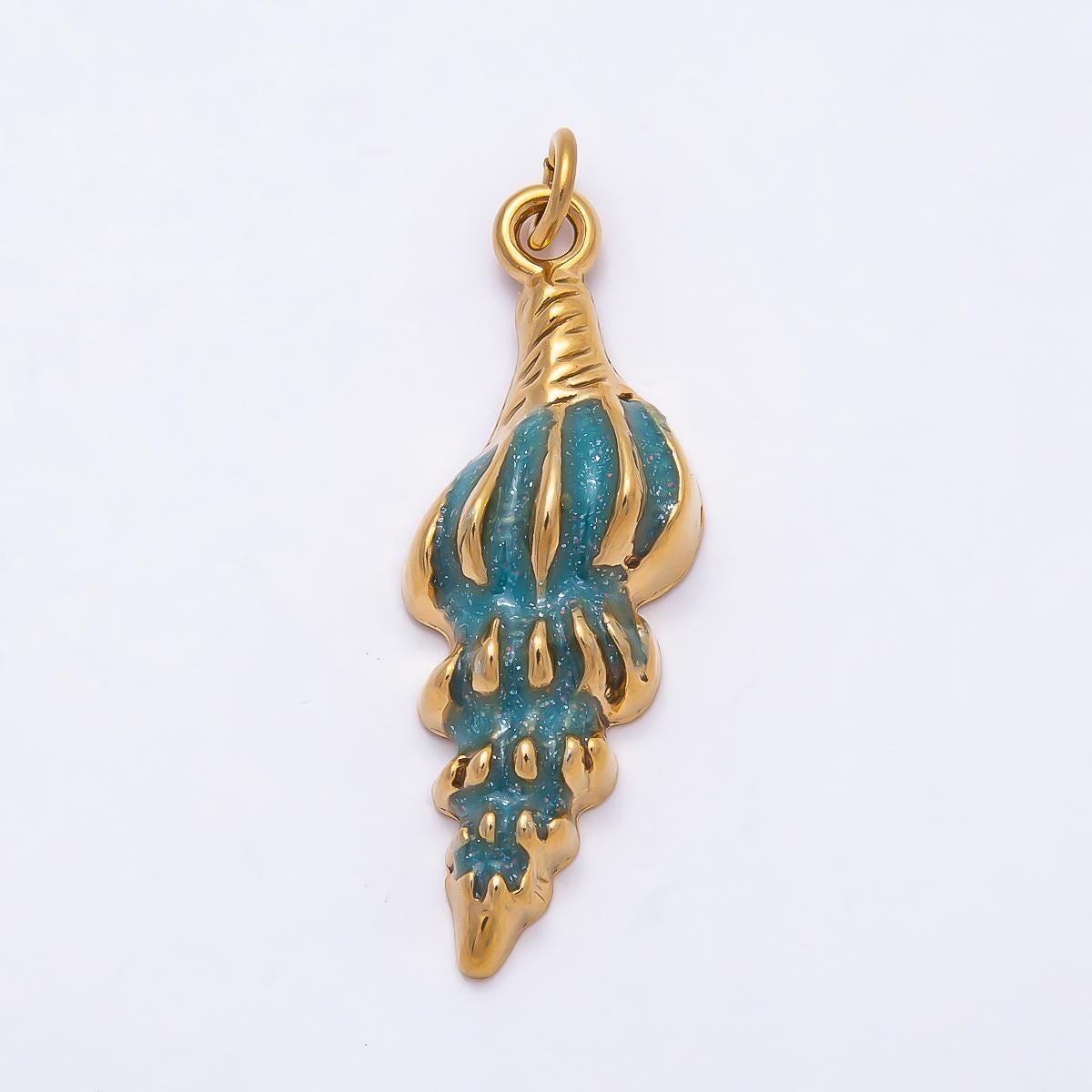 18k PVD Gold Stainless Steel Conch Shell Charm 38mm Turquoise Enamel Ocean Theme Pendant Nautical Gift for Her | CHARMS-00781