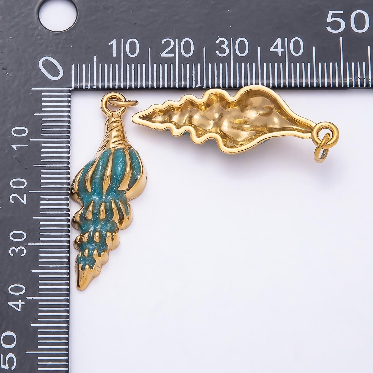 18k PVD Gold Stainless Steel Conch Shell Charm 38mm Turquoise Enamel Ocean Theme Pendant Nautical Gift for Her | CHARMS-00781