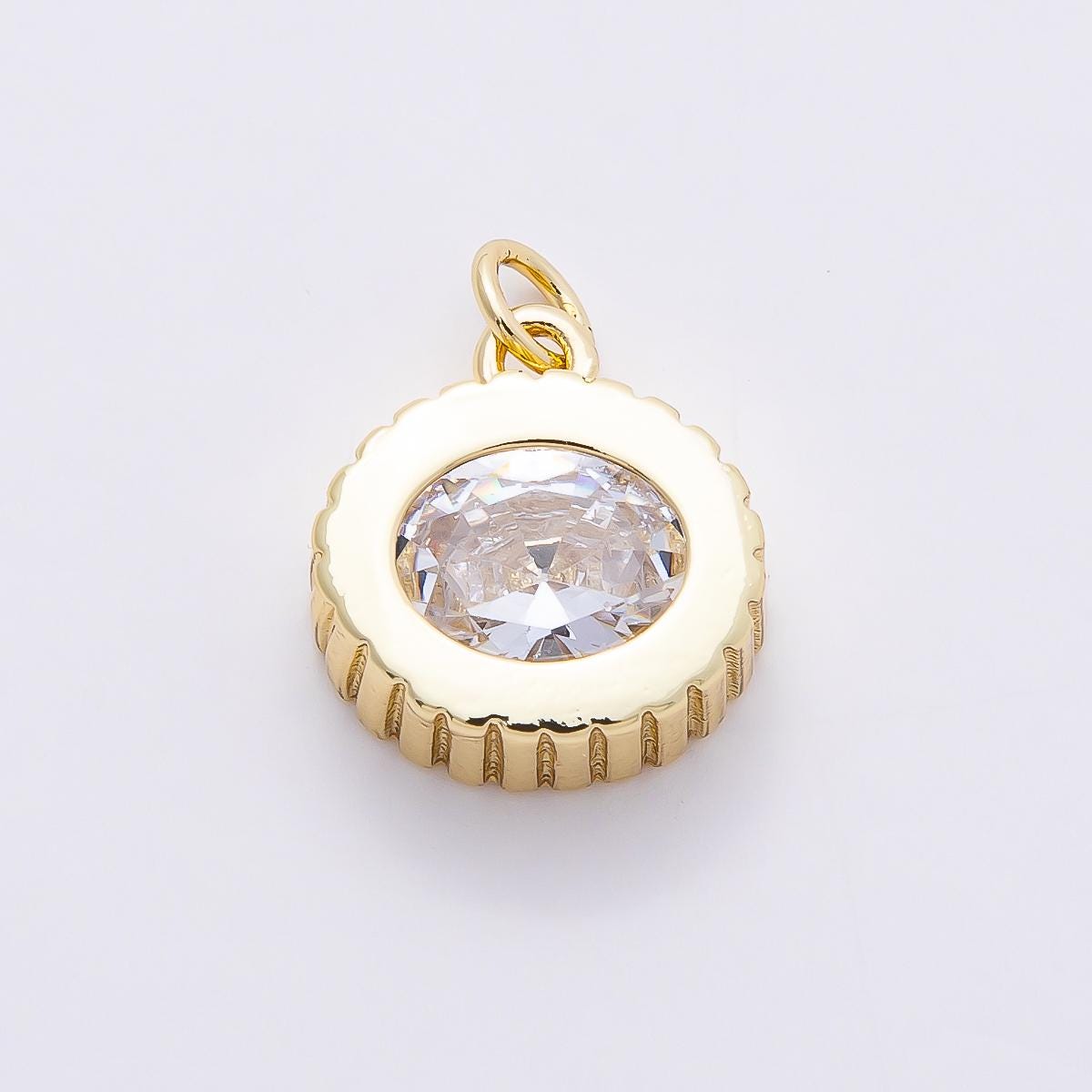 16k Gold 16mm Oval Crystal Pendant Ribbed Edged Coin Charm Dainty Solitaire Necklace Minimalist Birthday Gift for Her | CHARMS-00758
