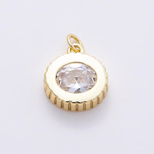 16k Gold 16mm Oval Crystal Pendant Ribbed Edged Coin Charm Dainty Solitaire Necklace Minimalist Birthday Gift for Her | CHARMS-00758