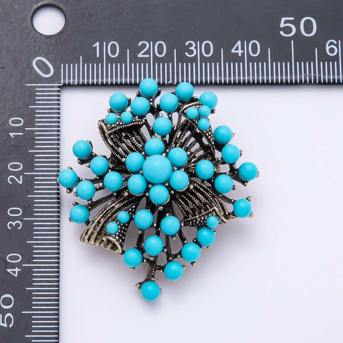 Turquoise Brooch Pin 46mm Antique Gold Retro Bohemian Bead Jewelry Western Bridal Bouquet Gift for Coats Bags Scarves | BH-143