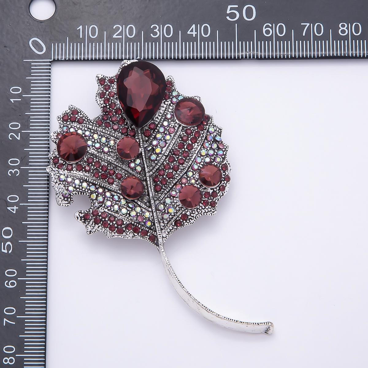 Ruby Red Leaf Brooch 80mm Silver Maple Botanical Rhinestone Lapel Pin Autumn Nature Statement Piece for Coats Bags Scarves | BH-139