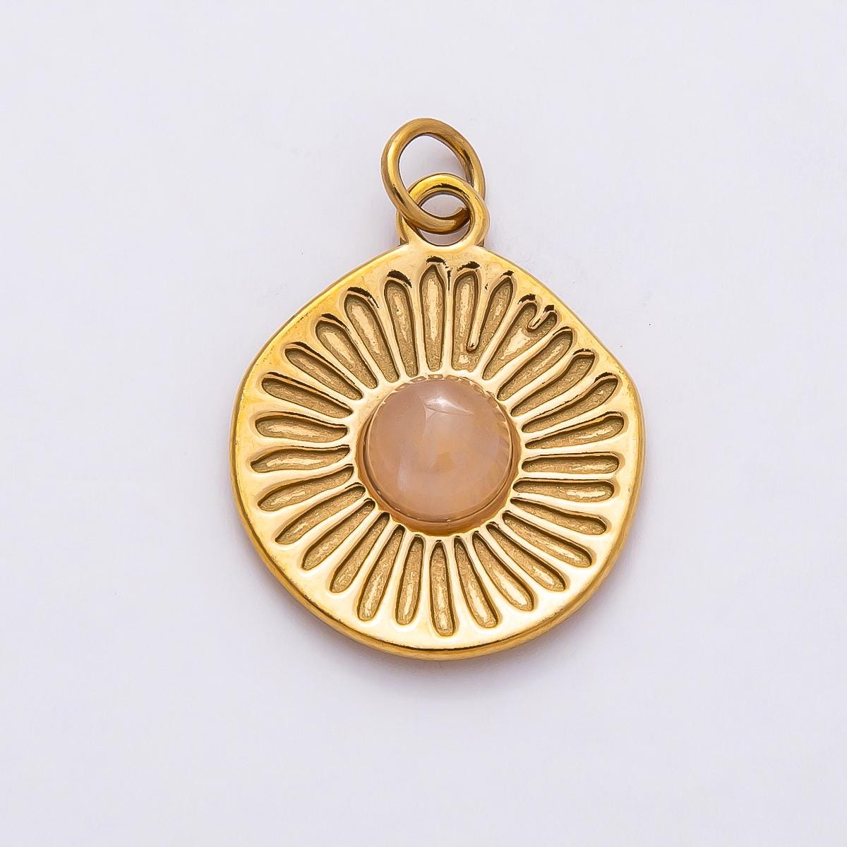 18k Stainless Steel 21mm Gold Sunburst Charm Celestial Moonstone Pendant Medallion Coin Dangle Boho Layering Necklace Supply | CHARMS-00800