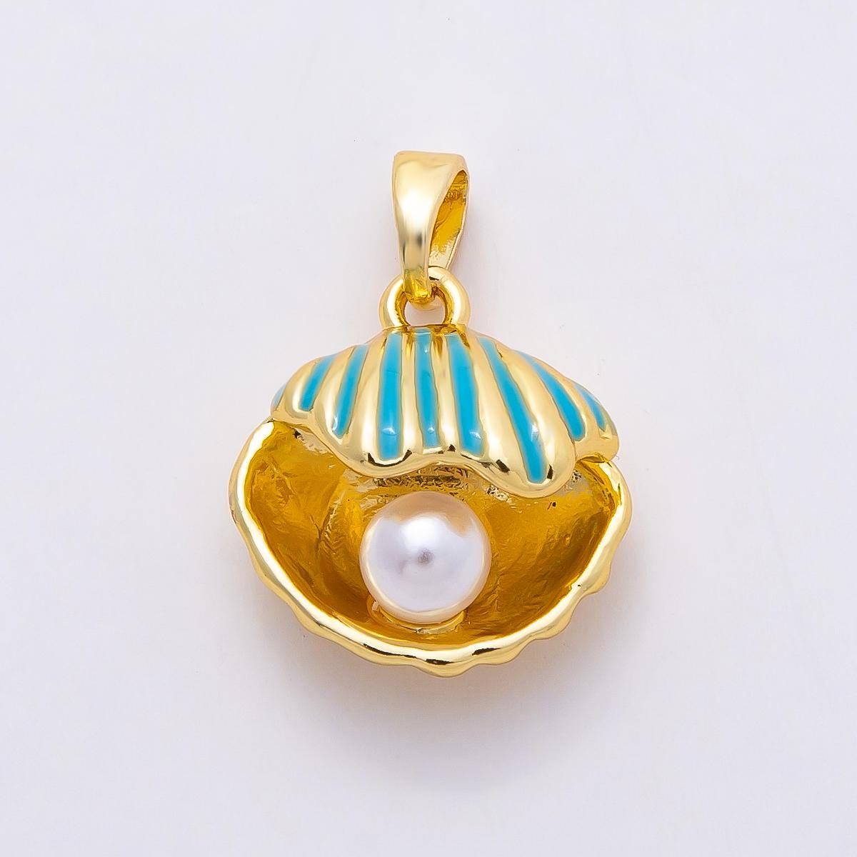 16k Gold Filled Blue Clam Shell Pendant with Pearl Enamel Sea Charm DIY Supply Custom Jewelry Making Beach Necklace Bracelet | CHARMS-00809