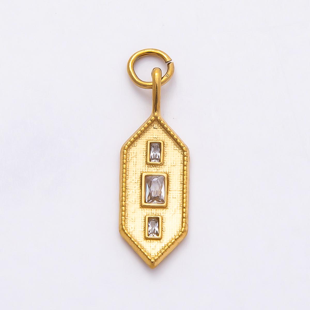18k Stainless Steel Geometric Bar Charm with Baguette CZ Textured Hexagon Pendant Jewelry Making Supply Necklace Bracelet | CHARMS-00797
