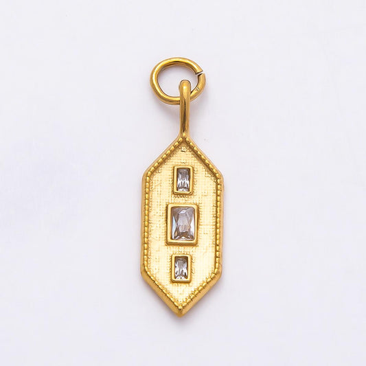18k Stainless Steel Geometric Bar Charm with Baguette CZ Textured Hexagon Pendant Jewelry Making Supply Necklace Bracelet | CHARMS-00797