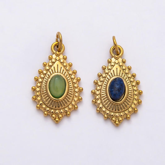 18k Stainless Steel 22mm Boho Gemstone Teardrop Charm Green and Blue Oval Pendant for DIY Jewelry Making Vintage Gift for Her | CHARMS-00791