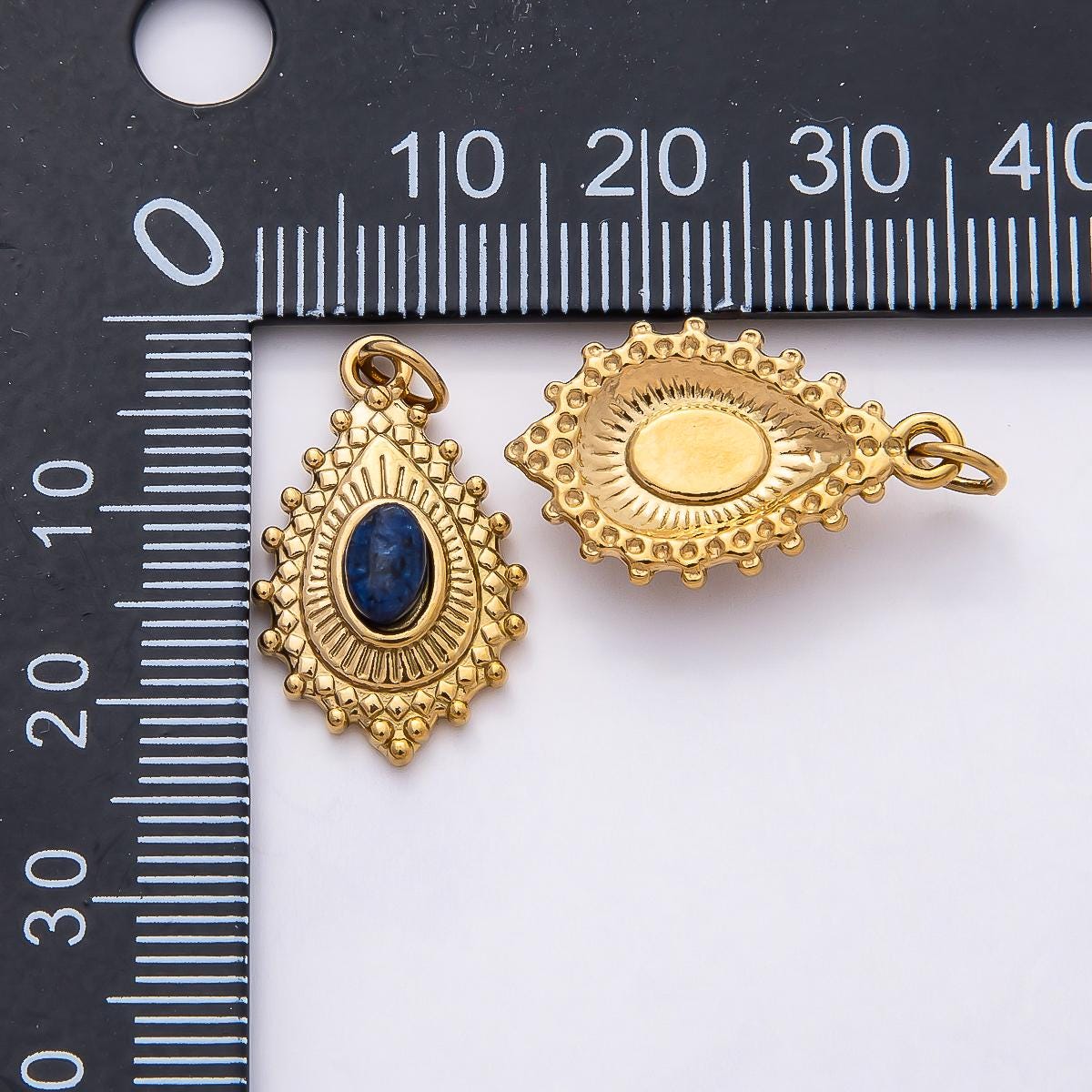 18k Stainless Steel 22mm Boho Gemstone Teardrop Charm Green and Blue Oval Pendant for DIY Jewelry Making Vintage Gift for Her | CHARMS-00791