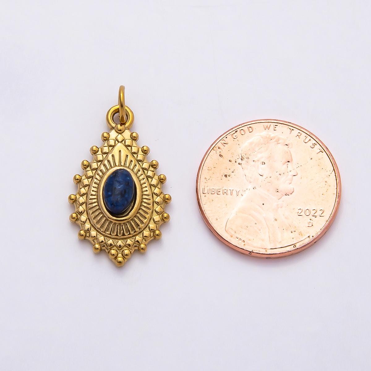 18k Stainless Steel 22mm Boho Gemstone Teardrop Charm Green and Blue Oval Pendant for DIY Jewelry Making Vintage Gift for Her | CHARMS-00791
