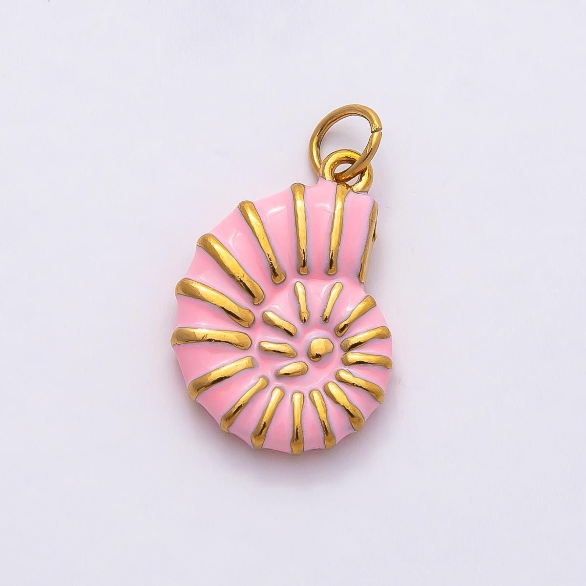 18k Stainless Steel 19mm Gold Enamel Seashell Charm Pink and Blue Spiral Pendant for DIY Ocean Charm Bracelet Beach Gift | CHARMS-00798