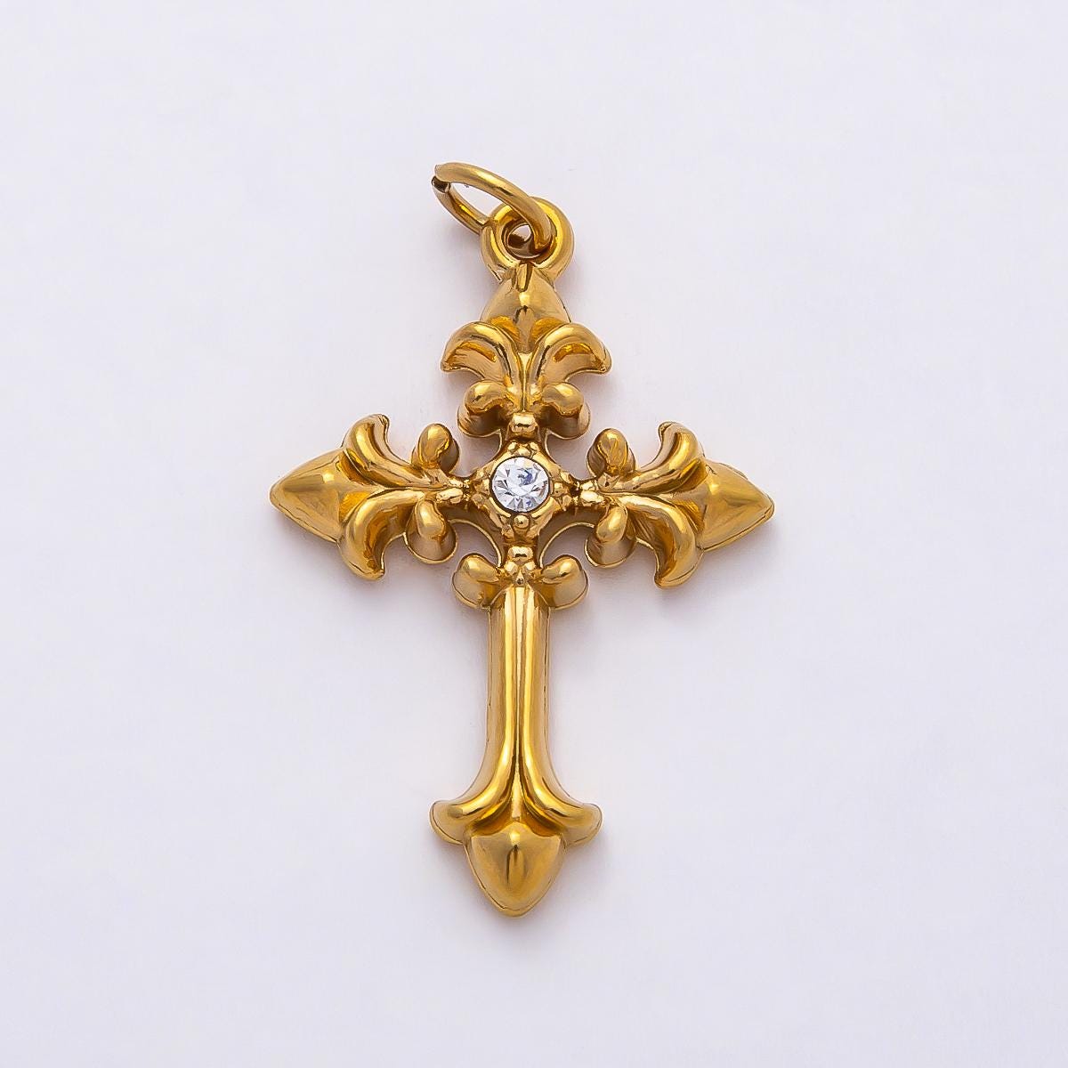 18k Stainless Steel 28mm Gothic Cross Charm Pendant Vintage Medieval Crucifix with CZ Crystal DIY Necklace | CHARMS-00807