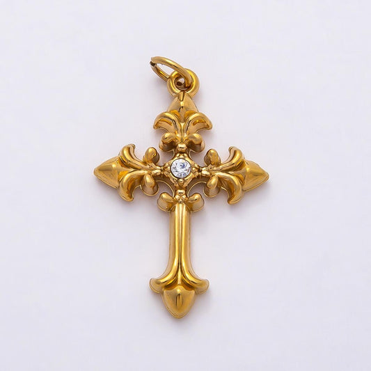 18k Stainless Steel 28mm Gothic Cross Charm Pendant Vintage Medieval Crucifix with CZ Crystal DIY Necklace | CHARMS-00807