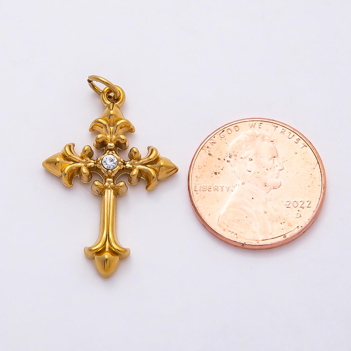 18k Stainless Steel 28mm Gothic Cross Charm Pendant Vintage Medieval Crucifix with CZ Crystal DIY Necklace | CHARMS-00807
