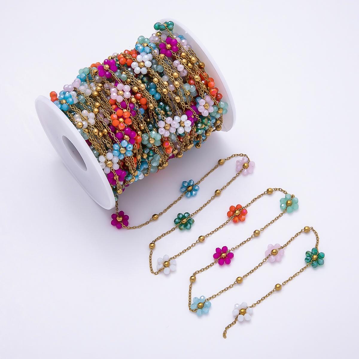 18k Gold Stainless Steel Flower Beaded Chain by Yard Non-Tarnish Summer DIY Jewelry Making Supply Wholesale Bulk | ROLL-1875