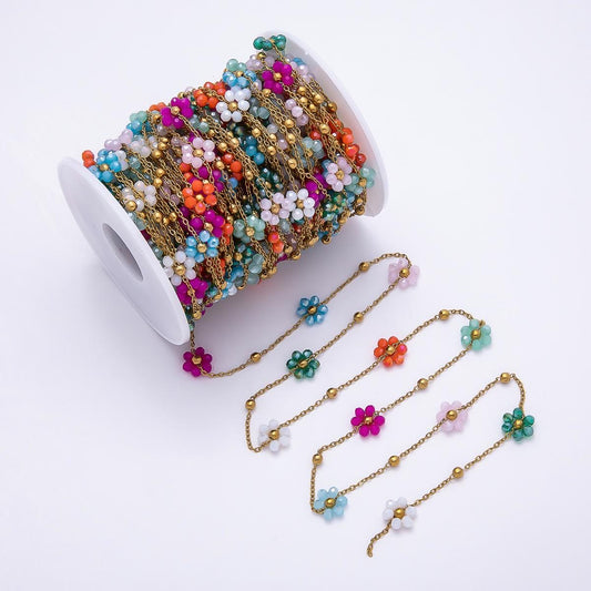 18k Gold Stainless Steel Flower Beaded Chain by Yard Non-Tarnish Summer DIY Jewelry Making Supply Wholesale Bulk | ROLL-1875