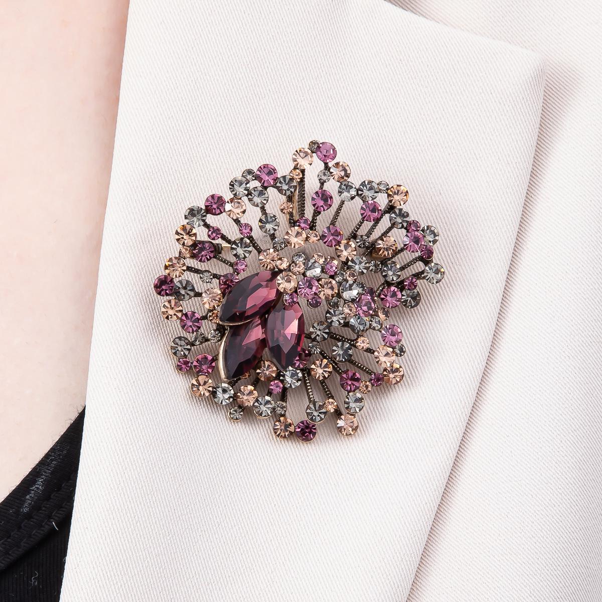 55mm Purple Brooch Antique Fireworks Pin with Glass Diamond Crystals Statement Piece for Coats Bags Scarves Jewelry Accessory | BH-122