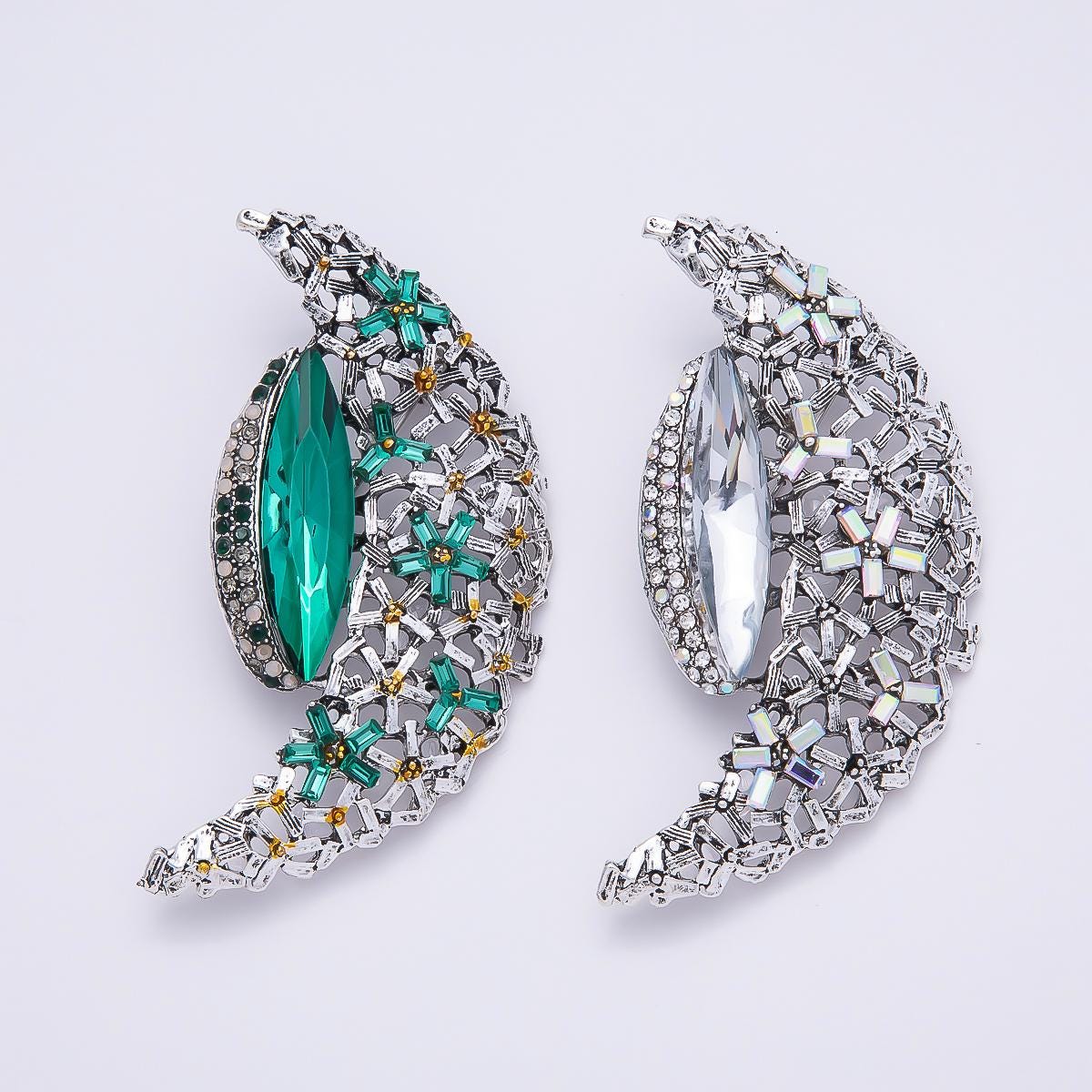 Big Silver Crescent Moon Brooch Pin Green White Crystal Celestial Lapel Pin Statement Brooch Floral Rhinestone BH-128