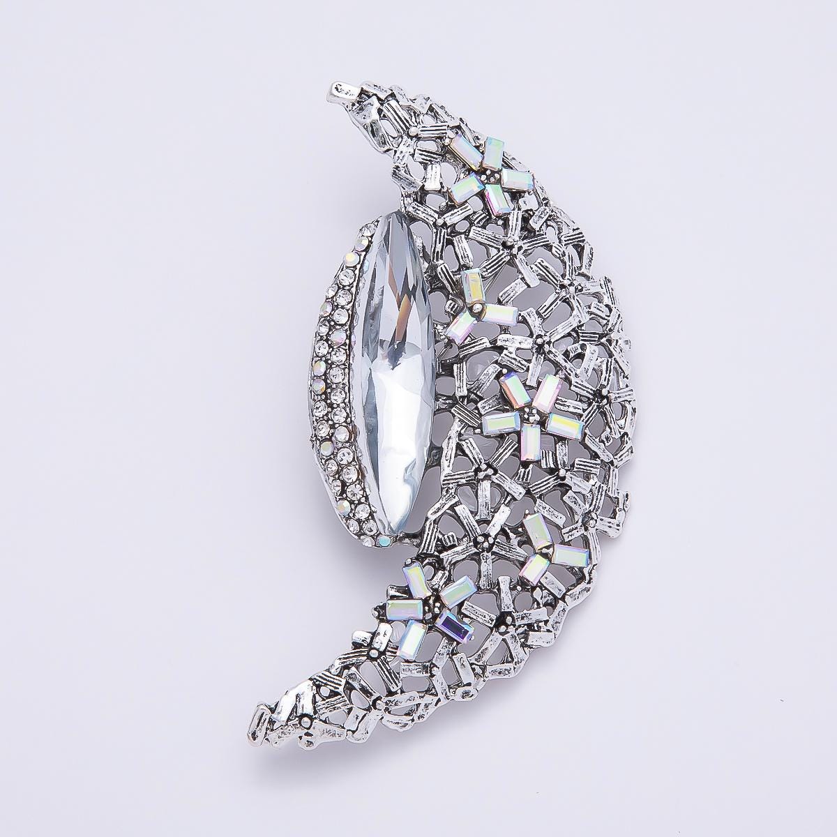 Big Silver Crescent Moon Brooch Pin Green White Crystal Celestial Lapel Pin Statement Brooch Floral Rhinestone BH-128