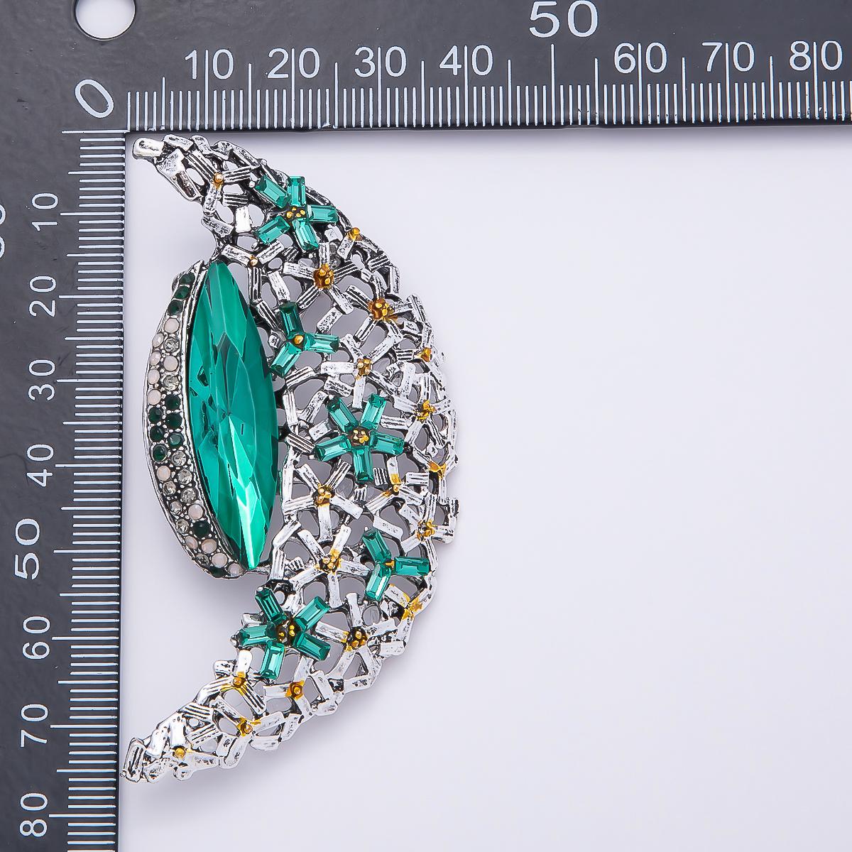 Big Silver Crescent Moon Brooch Pin Green White Crystal Celestial Lapel Pin Statement Brooch Floral Rhinestone BH-128