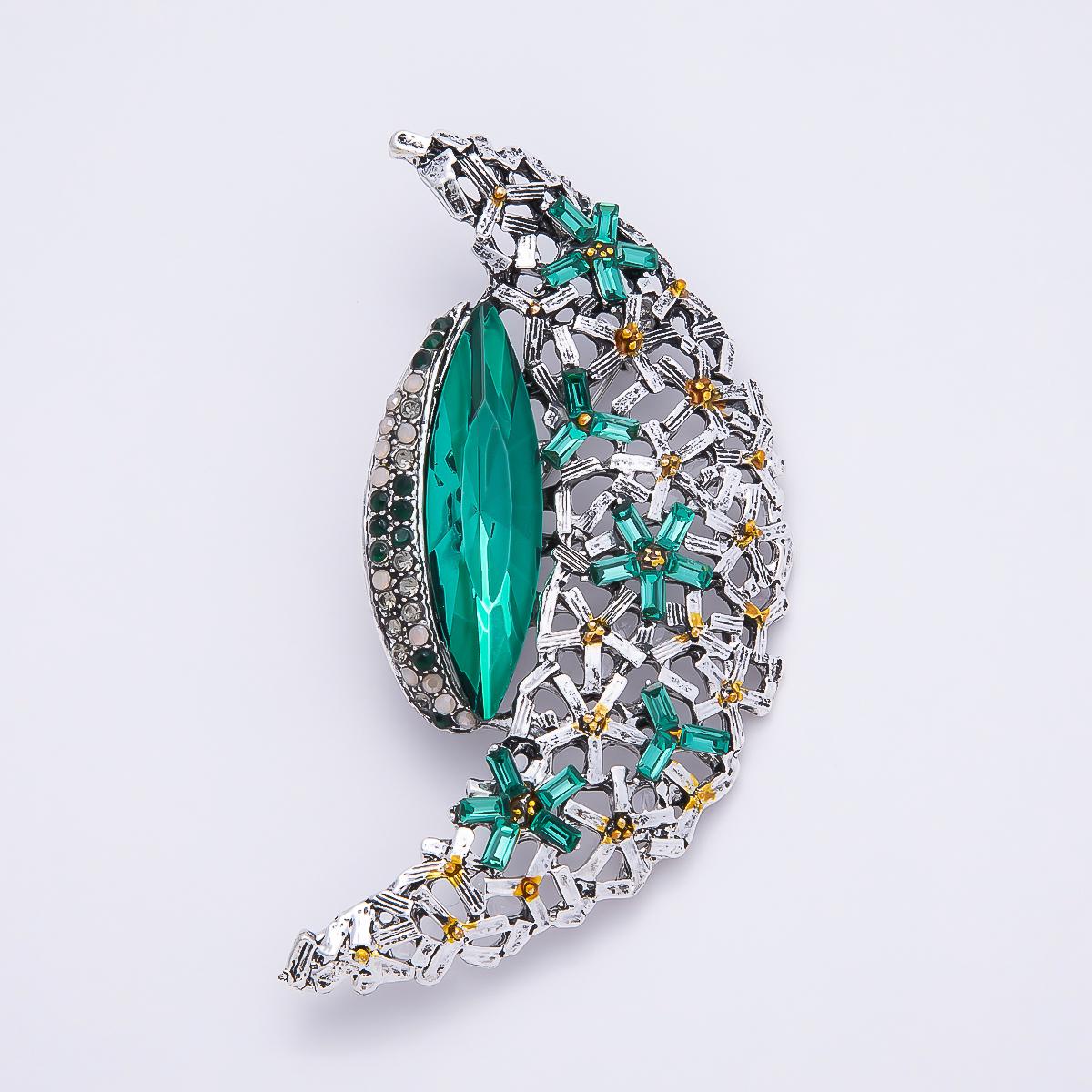Big Silver Crescent Moon Brooch Pin Green White Crystal Celestial Lapel Pin Statement Brooch Floral Rhinestone BH-128