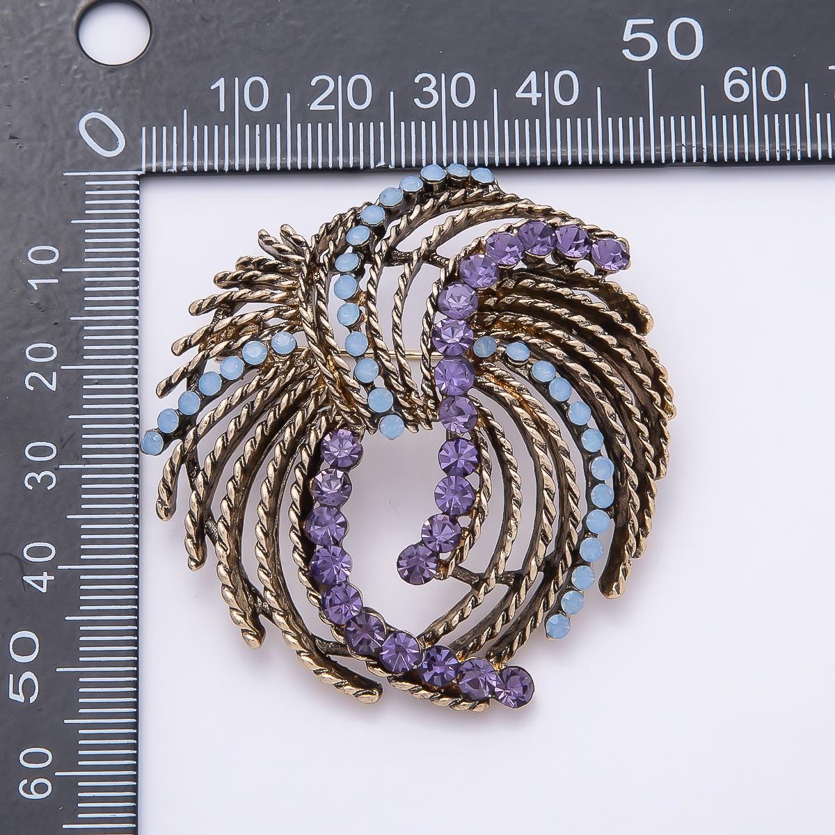 Vintage Lavender Rhinestone Brooch Pin, Blue Opal Swirl Gold Tone Brooch, Retro Statement Jewelry BH-127